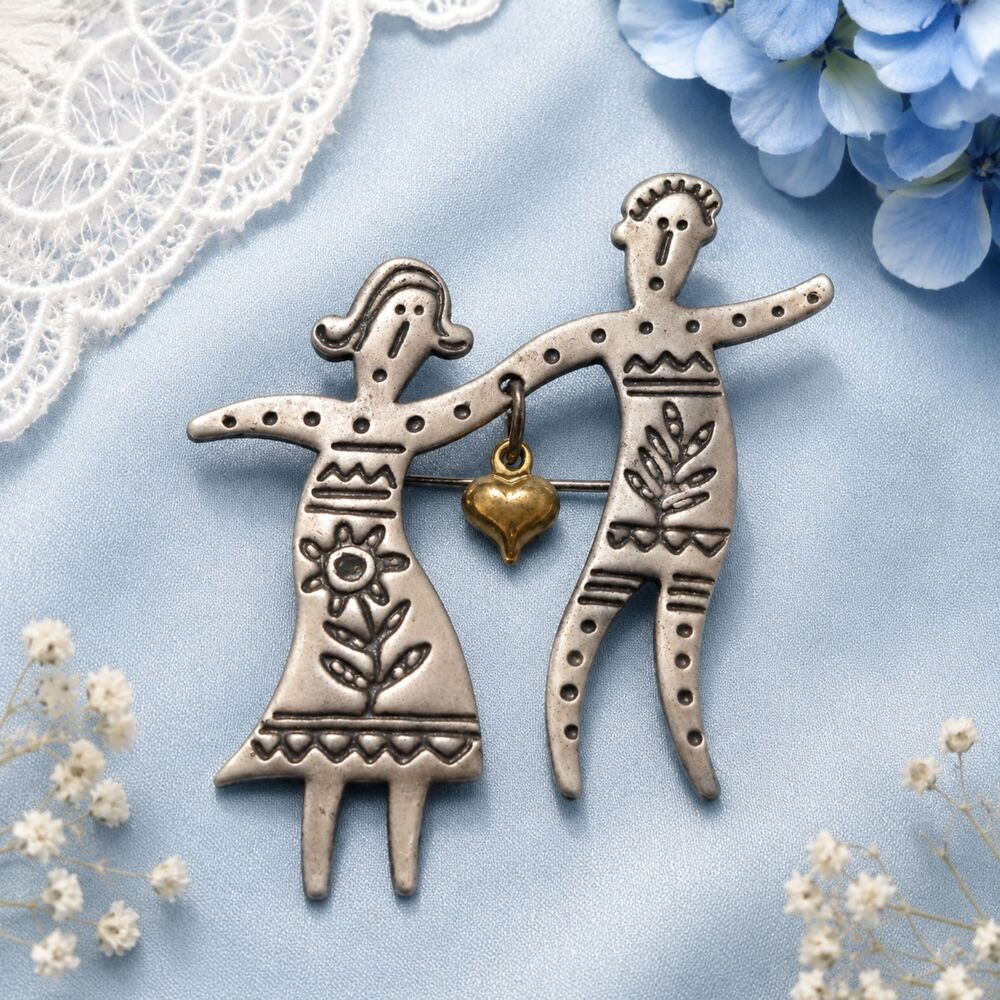 Vintage Folk Art Silver Tone Figural Brooch